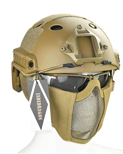 Jadedragon PJ Tactical Fast Helmet & Protect Ear Foldable Double Straps Half Face Mesh Mask & Goggle (Tan)