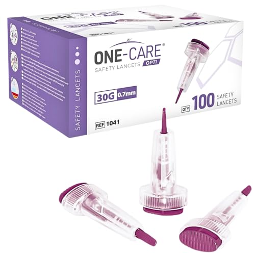MediVena ONE-CARE Safety Lancets, 30G x 1.5mm, Push Button Activation, Gentle, Pre-Loaded, 3-Steps Only, Diabetes Testing, Sterile, Finger Self Prick Device, Glucose Monitor, Single Use, 100/Box