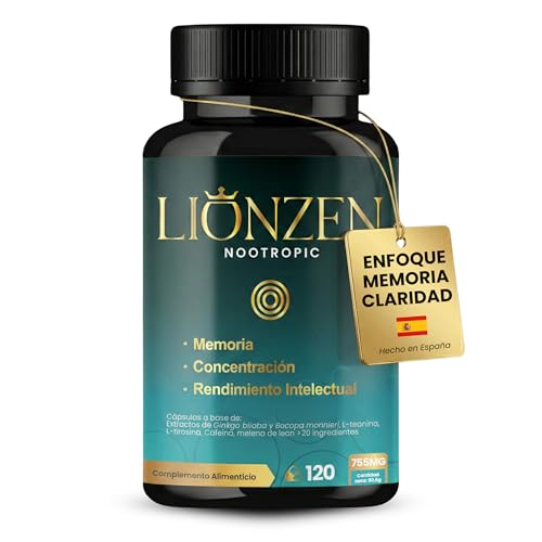 Nootropico Focus, Memoria y Concentración | +23 Ingredientes natural | Pastillas Estudiar | L-Teanina, Bacopa, Ginkgo Biloba, Cafeína, Melena león, Magnesio, L-Tirosina, Ashwagandha. LIONZEN NOOTROPIC