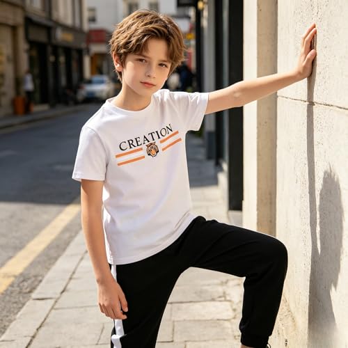 Image of Yoxindax Tween Boy Clothes 2-Piece Letter Print Tee And Color-Block Pants Summer Outfits