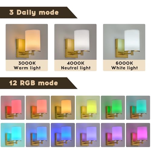 Image of Battery Operated Wall Sconce Set of Two,13 RGB Colors Dimmable Rechargeable Wall Sconces with Remote Control,Wall Lights with Cylinder White Fabric Shade for Bedroom Living Room