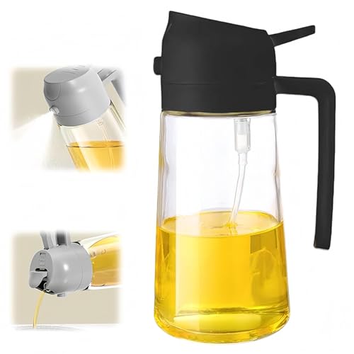 2 in 1 Olive Oil Dispenser Bottle for Kitchen,Oil Sprayer for Cooking, 1.56oz/470ml Premium Glass Oil Bottle, Food-grade Oil Mister for Air Fryer, Salad, Frying, BBQ (Black)
