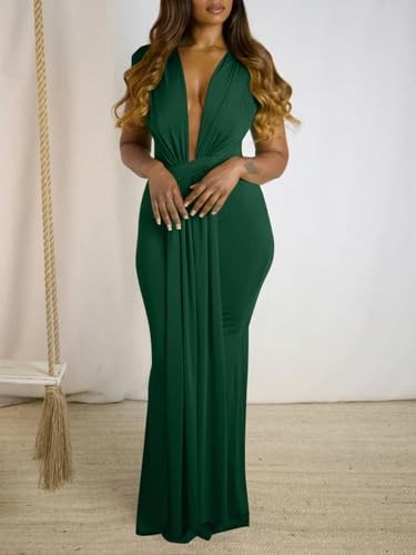 Image of Ekaliy Elegant Bodycon Dresses for Women Deep V Neck Maxi Dress Mermaid Long Dress