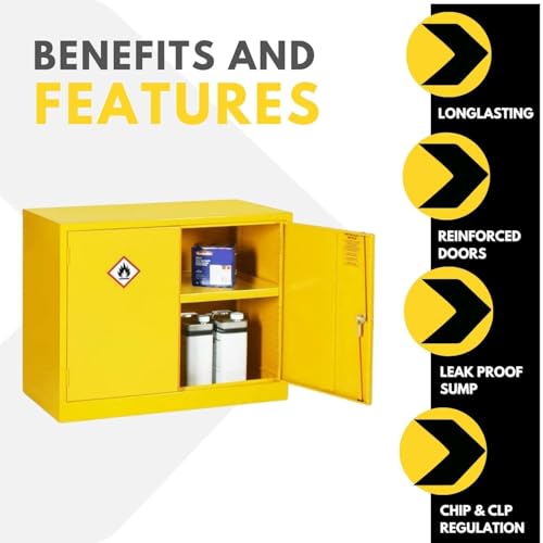 Mini armario COSHH para productos químicos inflamables, almacenamiento de seguridad de 1 estante, diseño amarillo de alta visibilidad