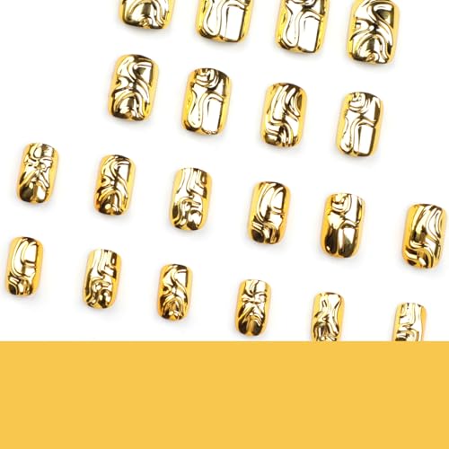 Image of Gold Nail Press ons Short Square Fake Nails 3D Line Glue on Nails with Design Glossy Full Cover False Nail Reusable Artificial Acrylic Stick on Nail for Women Girls Manicure 24Pcs
