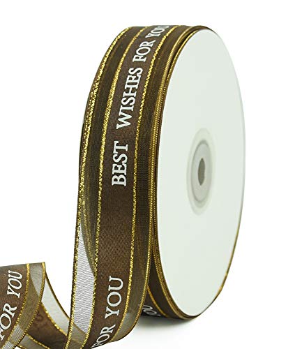 1 Inch Coffee Gift Wrapping Silk Ribbon 50 Yard Print Best Wishes