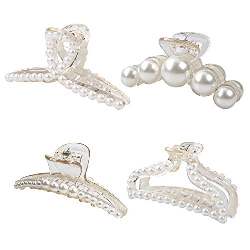4 Pcs Pearl Hair Claw Clips, Large Plastic Banana Clips Barrette Hair Catch, Durable Pearl Hair Clips for Women, Fashion Pearl Hair Accessories for Girls