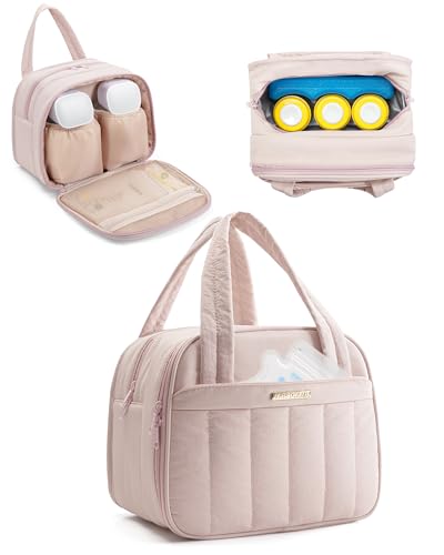 Image of Marscamd Quilted Wearable Breast Pump Bag with Cooler Compartment, Wearable Pump Case Compatible with Momcozy and Most Brand Hands-Free Breast Pumps, Dusty Pink