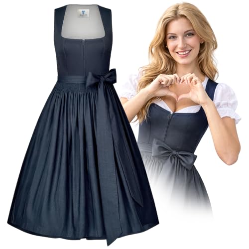 Alpentrachten Dirndl Bavaria Marineblau | Midi Dirndl Damen inkl. Dirndlschürze mit Bindeband | Trachtenkleid mit eckigem Ausschnitt & Reißverschluss vorne | Oktoberfest Damen Outfit | Länge 70 cm