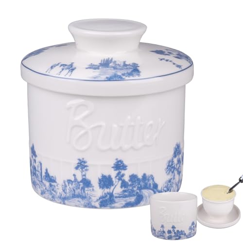 imposyu Mantequillera con Tapa Azul mantequera francesa Mantequilla de Porcelana Recipiente para Mantequilla con Tapa para Guardar Mantequilla Fresca, Suave, 6,7oz/200ML