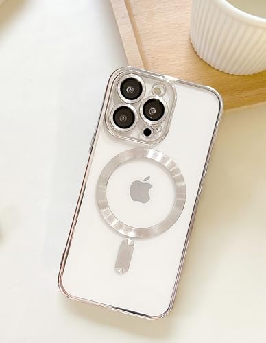 Capa magnética para iPhone 15 Pro Max [compatível com MagSafe] Proteção total da câmera transparente Capa luxuosa para mulheres e homens TPU macio protetor contra quedas prata
