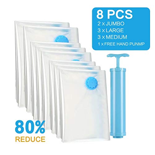 ddbanner Reusable Vacuum Storage Bags Jumbo 8 Pack Space Saver Compression Bags,Save 80 More Storage Space Double Zip Seal Leak Valve Travel Hand Pump Included