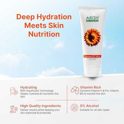 Image of ARISH BIO-NATURAL Sunscreen SPF 60 PA+++ Gel 100ml | Broad-Spectrum, Lightweight NonGreasy Formula with Aloe Vera & Zinc Oxide |High Protection for Face & Body |Sunscreen for Women & Men All Skin Type