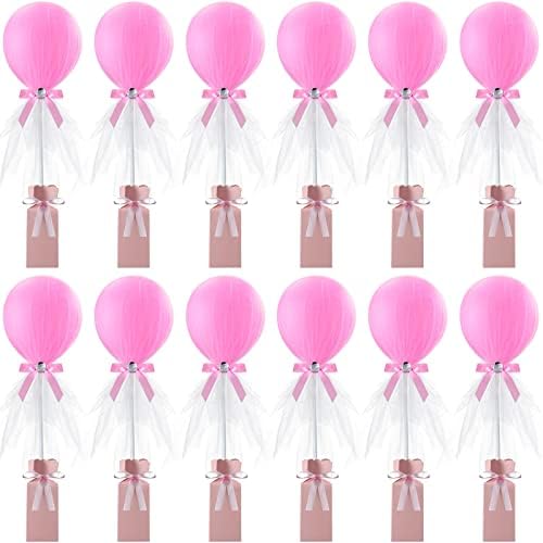 12 Packs Tulle Tutu Balloons with Candy Cake Dessert Box for Baby Shower Centerpieces Girls Birthday Party Wedding Table Decorations, 12 Inches Balloon White Tulle Cover (Pink)