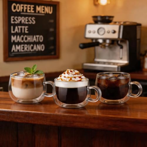 Image of Double Wall Glass Coffee Cups Set of 2, 250 ml Clear Large Insulated Coffee Mugs with Handles, Glass Cups for Tea, Milk, Espresso, Cappuccino, Latte & Hot Beverages