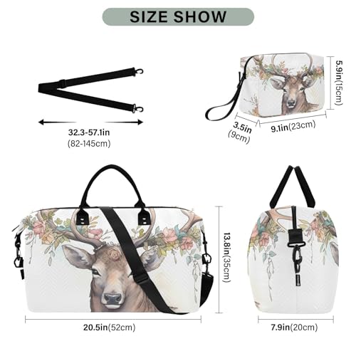 Large Travel Duffel Bag, Elk Watercolor Floral Sport Tote Gym Bag, Shoulder Weekender Overnight Bag for Women Men, Carry On Luggage with Toiletry Bag3