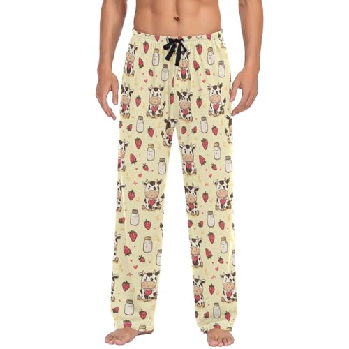Vdsrup Men's Pajama Pants Cow Strawberry Milk Pajama Pants for Men PJs Bottoms Drawstring Pockets Sleep Lounge Pants S