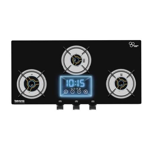 BEYOND Appliances Auriga 3 Burner Smart Glass Cooktop | Auto Ignition | Digital Timer | Flame Failure Device | Toughened Glass | ISI Certified | LPG & PNG Compatible