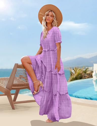 Image of YESNO Summer Casual Bohemian Floral Dresses for Women Puff Short Sleeve Long Maxi Dress with Pockets ETX