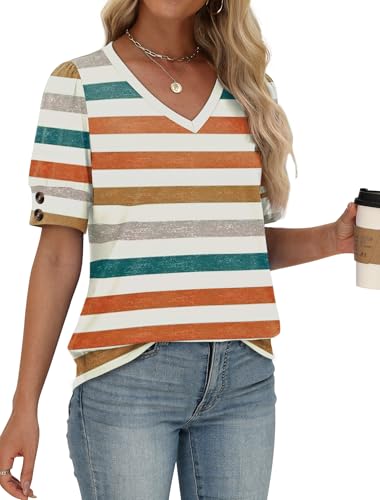 Image of OFEEFAN Womens Tops Short Sleeve Shirts Buttons V Neck Spring Fashion Summer Outfits Plus Size Blouses Dressy Casual