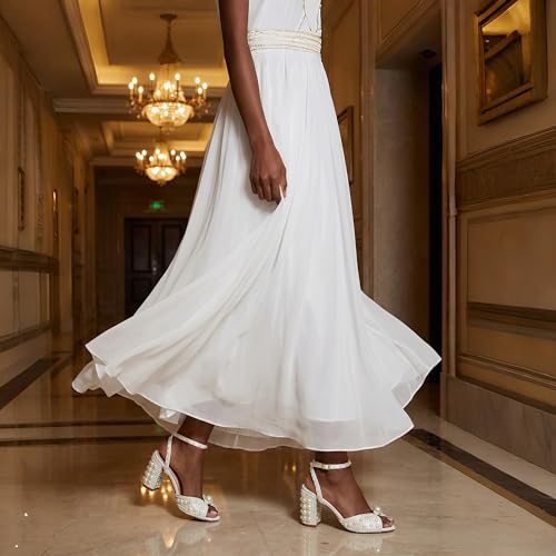 Image of Goolita Pearl Heels For Women Mid Block Ankle Strap Heeled Sandals Round Open Toe Party Evening Bridal Shoes For Wedding