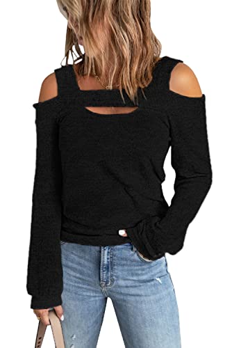 Image of Women Blouses and Tops Black White Colorblock Bell Sleeve Cold Shoulder Top Shirt