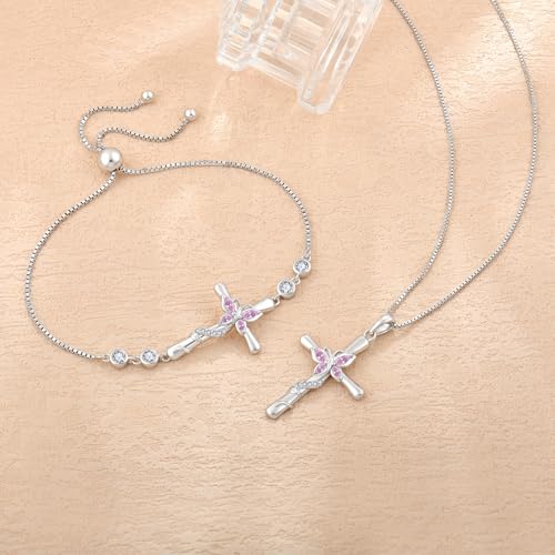 Cross Bracelet for Women 925 Sterling Silver Adjustable Butterfly Bracelet Birthstone Jewelry for Women3