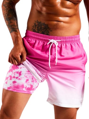 Floerns Men's Beach Swim Trunks with Compression Liner 7 Inch Quick Dry Swim Board Shorts Swimwear Bathing Suits Swimsuit