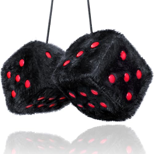 Black Fuzzy Dice for Car - 2.5 Cute Car Accessories for Interior Rear View Mirror Hanging Ornament Decorations - Furry Plush Cool Fun Auto Classic Automotive Aesthetic Retro Decor - Black and Red