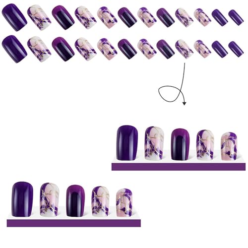 TBRZTR Press on Medium Square Artificial Acrylic Nails With Purple Marbling Design - French False Full Cover Reusable Glossy Coffin Nails - Glue on for Women 24Pcs