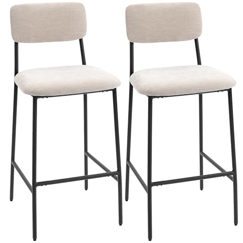 HOMCOM Juego de 2 Taburetes de Bar, Taburetes Altos de Cocina de Chenilla con Respaldo Alto, Reposapiés y Asiento Grueso y Suave, Estructura de Acero, Sillas Altas de Bar, para Península, Comedor,