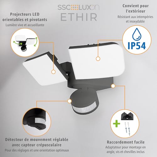 Applique murale extérieure LED noire ETHIR IP54 double tête orientable