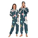 Happy Koalas Schlafanzug, dunkelgrün, Kristallsamt, mit Kängurutasche und durchgehendem Reißverschluss, Größe S, Happy Koalas Dunkelgrün, Small