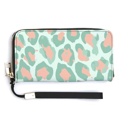 Pastel Mint Green Leopard Print Peach PU Leather Clutch Long Bifold Wallet, Coin Purse Credit Pass Case, Durable Card-Holder Money Storage for Women Men