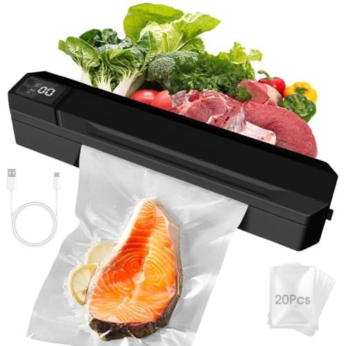 WASAGA - Envasadora al vacío con 20 bolsas selladoras al vacío recargables para alimentos con funcionamiento continuo de alta velocidad para verduras, frutas, carne, pescado, nueces, aperitivos (negro