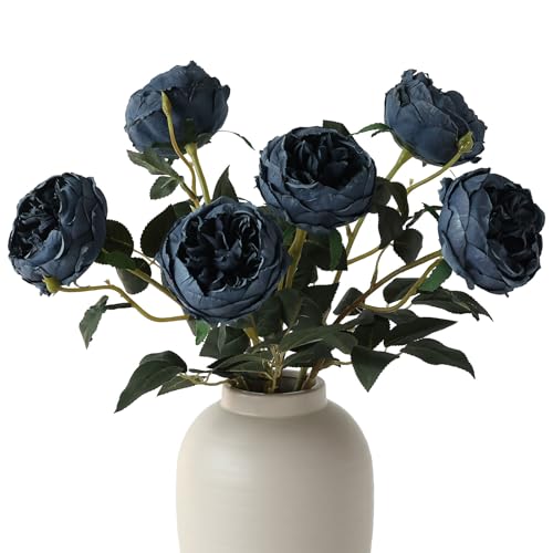 Image of mizii 6Pcs Burnt Blue Artificial Roses Flowers Fake Silk Roses Flower with Long Stem for Wedding Decorations Table Centerpieces Flower Arrangement Home Decor (Burnt Blue)