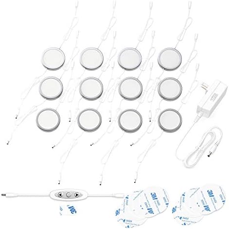 EShine Under Cabinet LED Puck Lights with Dimmer Switch, Dimmable, 12 Pcs, White Round Under Counter Lights for Kitchen, Garage, Office, Desk - Cool White (6000K)