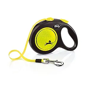 Flexi New Neon Automatic Dog Leash Pause and Lock, Retractable Comfortable One Hand Brake System Durable Non-Slip Handle Dog Walking and Training Leash Nylon Tape, Yellow 5m/16 ft Large | Leash For 