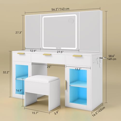 Image of DWVO 56 inch Vanity Table Set with Tri-Fold Mirror & LED Lights, Makeup Vanity Desk with RGB Glass Cabinets