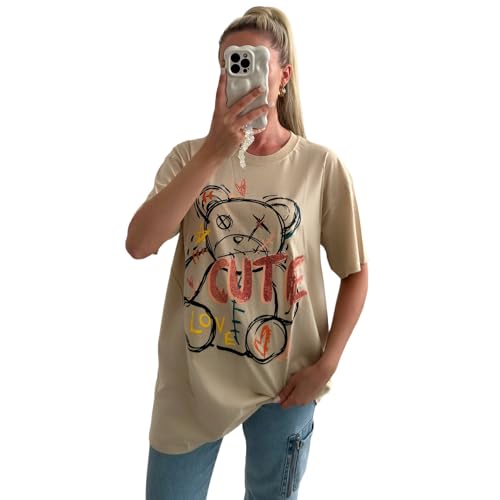 Image of eyes Women Cute Bear Slogan Printed Short Sleeve Oversized Summer Baggy Fashion T Shirts Plus Size Tops for Ladies Round Neck Casual Wear Loose Fit T-Shirt StoneL/XL (UK 16-18) Grey