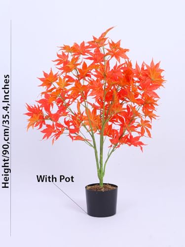 Image of ARICK DECOR 2.8Ft Artificial Japanese Maple Tree in Pot, Realistic Faux Autumn Orange Maple Plant, Peacock Shaped Floor Decor for Home, Office & Balcony