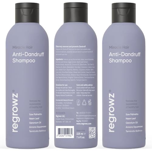 Regrowz Anti Dandruff Shampoo for Itchy & Dry Scalp - 225ml x 2 - Dandruff Scalp Treatment - Removes Flakes & Moisturises for Healthy Vibrant Hair