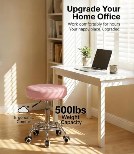 Image of Adjustable Rolling Stool with Wheels 500lb,Thick 9.5cm Cushion,30-Second Assembly,Heavy Duty Round Rolling Stool with Footrest,Patent Leather for Drafting Stool Chair Work Spa Salon Seat（Pink）