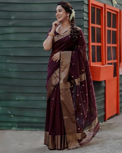 Image of Sugathari Women's Maroon Banarasi Kanchipuram Art Silk Saree for Women - Traditional Wedding & Party Saree with Blouse Piece - Ethnic Indian Silk Saree for Bridal, Festive (KS-156)