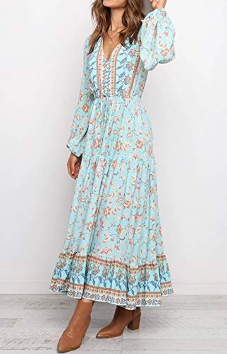 R.Vivimos Women's Long Sleeve Cotton V-Neck Button Up Floral Print Boho Flowy Midi Dresses (X-Large, Blue)