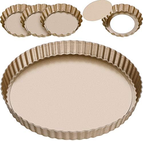 9 Inch and 4 Inch 5 Pack Tart Pan Removable Bottom Quiche Pan Non-Stick Pie Tart Baking Dish Pan Carbon Steel Quiche Pan for Kitchen Cooking Baking (Gold)