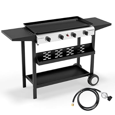 ROVSUN 4 Burner Portable Propane Griddle with Electronic Ignition, 40000 BTU Rolling Flat Top Gas Grill with Nonstick Enameled Tray, Side Shelves & Regulator for Outdoor Cooking Camping BBQ Tailgating