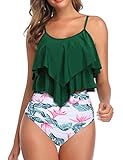 Vancavoo Bikini Set Damen Zweiteiliger Badeanzug Falbala Rüschen Tankini Bedruckt High Waist Bauchweg Bikinihose Bademode Strandkleidung Sommer (grün, M)