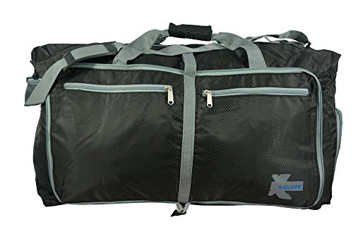 Light Weight Travel Duffel Foldable Heavy Duty Ripstop Sport Tote Gym Bag w/Shoe Pocket Black/Grey Large