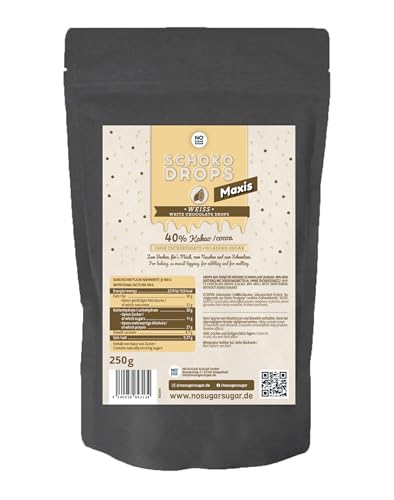 NO SUGAR SUGAR weiße Schokodrops mit 27% Kakao Anteil (250g) ohne Zuckerzusatz, gesüßt mit Erythrit und Stevia (1x 250g)